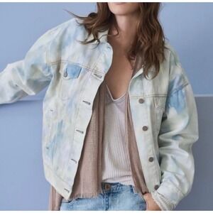 Free People Watercolor Tie Dye Denim Trucker Jacket White Oversized XS Small